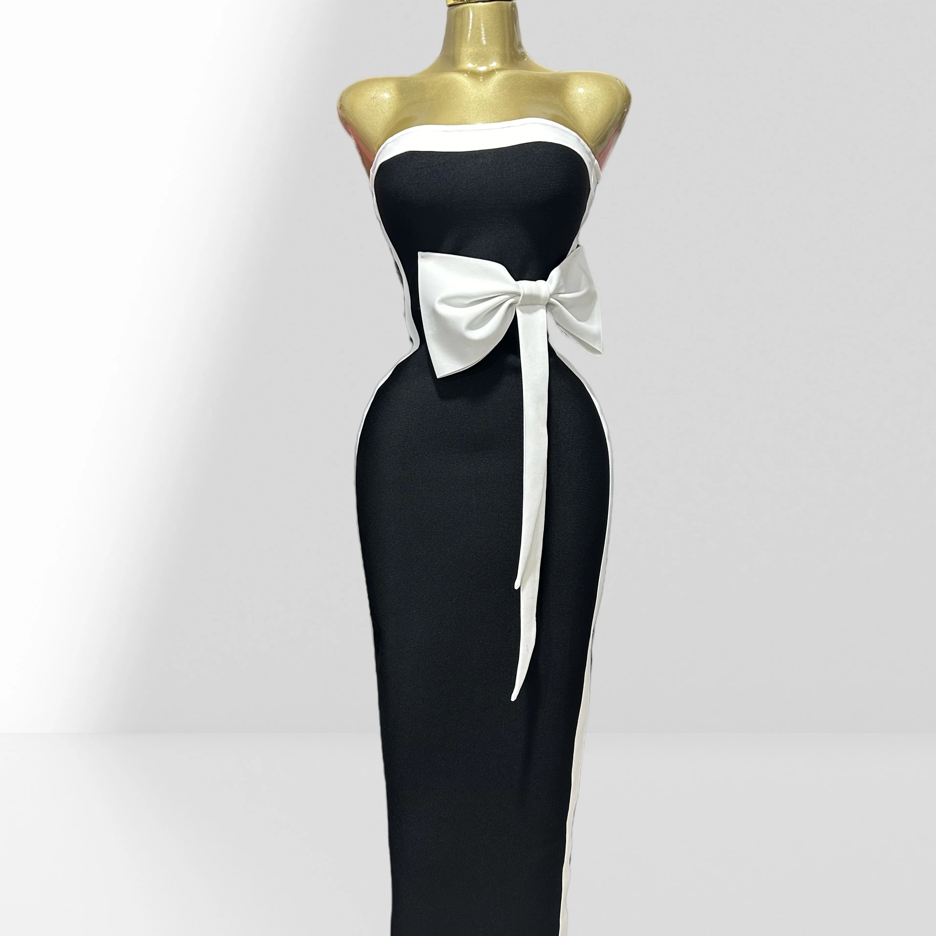 2025 Graceful Bow Sleeveless Strapless Sheath Black Bandage Ankle Lengh Dress Woman Party Vestido Celebrity Cocktail Outfit