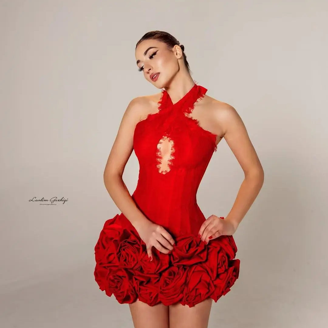 New Arrival Women Sleeveless Sexy Halter Florlas Bodycon Mini Bandage Dress Celebrate Fashion Nightclub Party Birthday Outfit Red