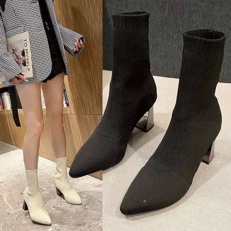2022 New Autumn Winter Thick High-heeled All-match Thin and Thin Boots Women's Pointed Toe Mid-tube Elastic Socks Boots Women black