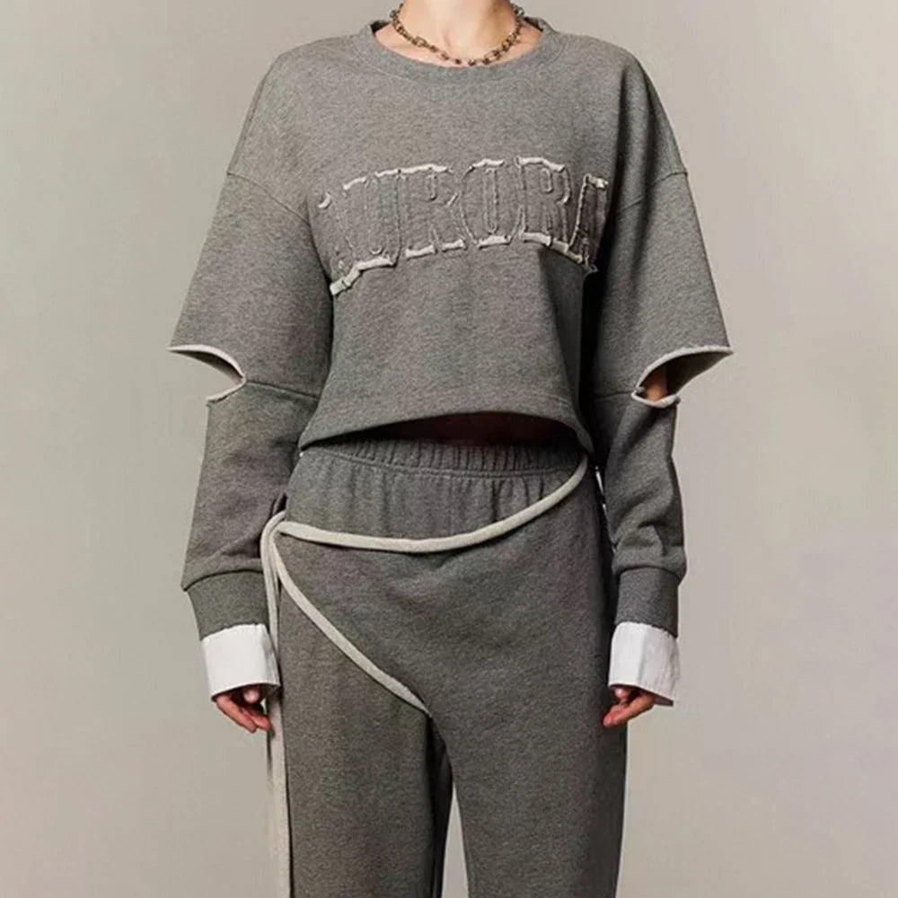 Colorblock Casual Two Piece Sets For Women O Neck Long Sleeve Top High Waist Pant Chic Set Female Fashion Clothing