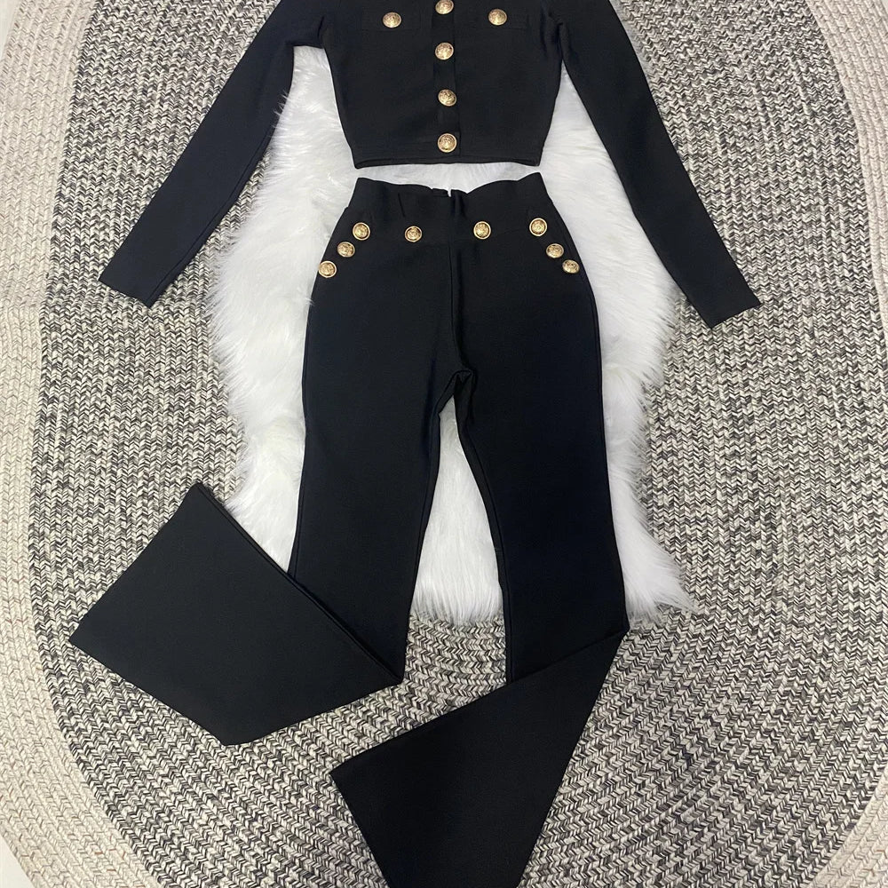 New Autumn Style Black Color Women Long Sleeve Button Rayon Bandage Coat Pants Fashion Women's Set High Street Celebrate Wear