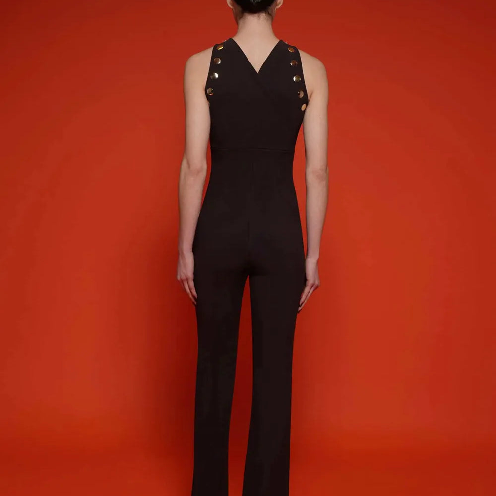 Black Color Women Sleeveless Sexy Rivet Bodycon Bandage Jumpsuit Fashion Celebrate Nightclub Party Homecoming Wear