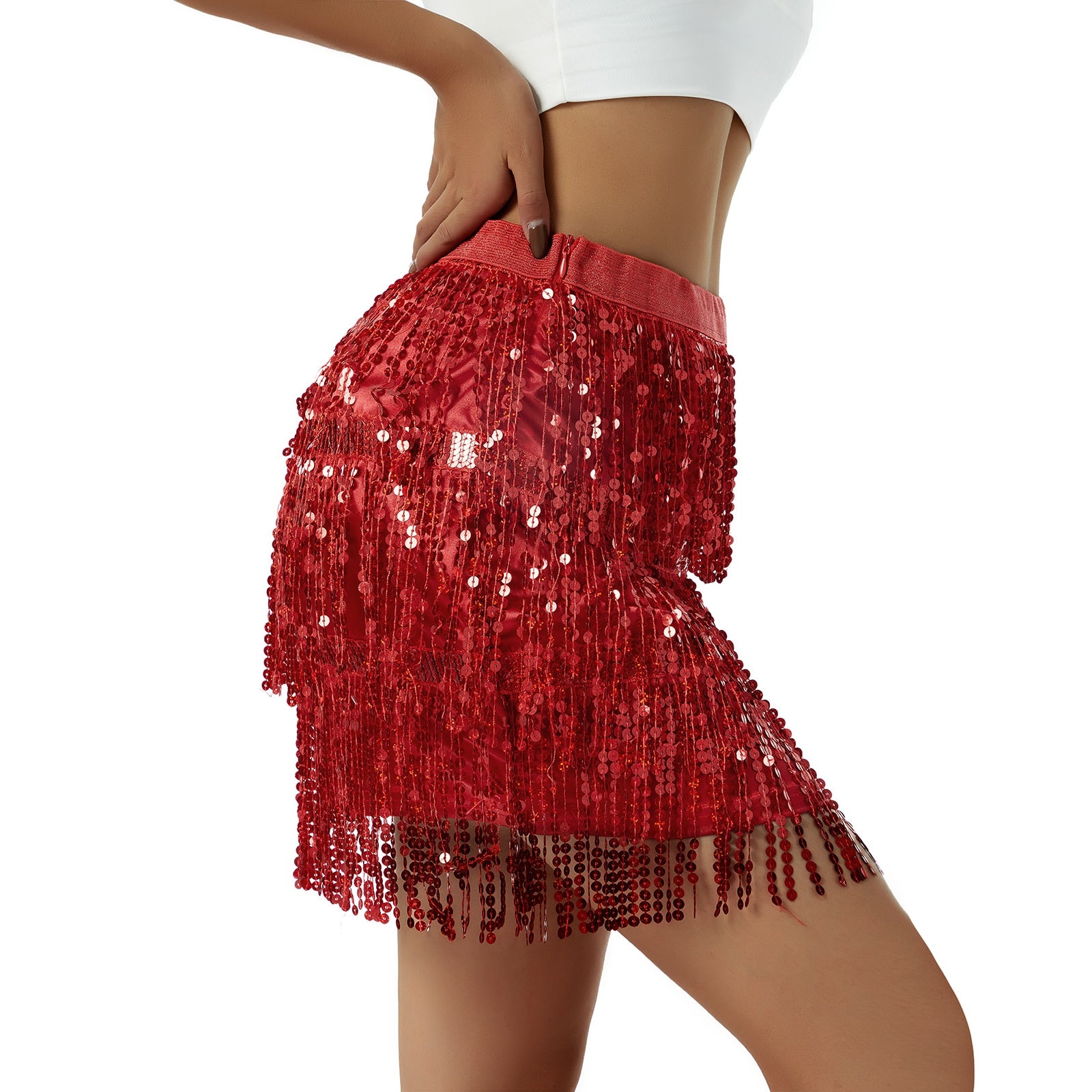 Women Sequined Fringe Skirt Glitters Elastic Waist Miniskirt Mini Skirt for Dance Rave Party Black/Silver/Gold/Red