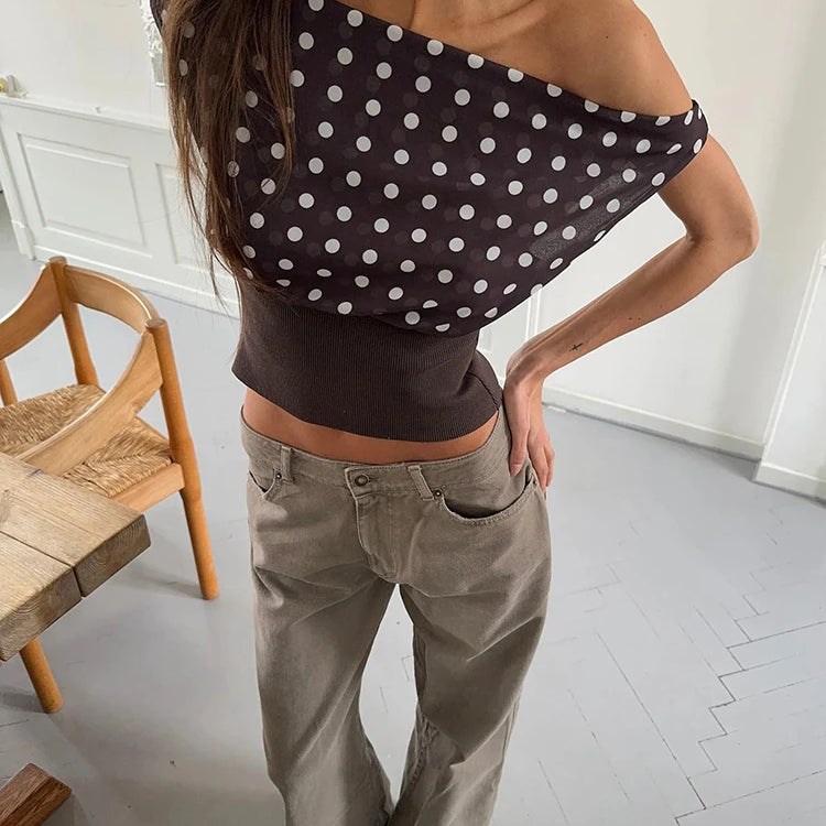Mozision Backless Polka Dot Crop Tops Women Vest Fashion Summer New Oblique Shoulder Sleeveless Tank Tops Pullovers Female Coffee