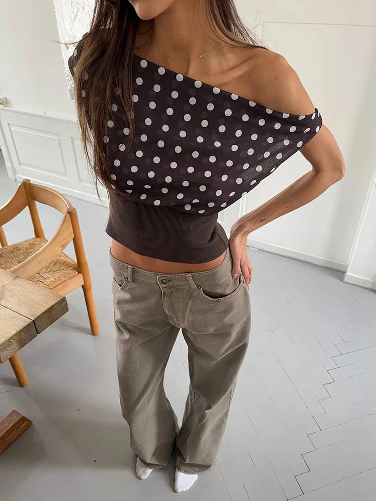 Mozision Backless Polka Dot Crop Tops Women Vest Fashion Summer New Oblique Shoulder Sleeveless Tank Tops Pullovers Female Coffee