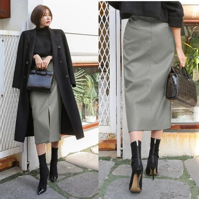 DEAT Fast Delivery New Fashion Korean Female PU Leather Mid-calf Length Spit Sexy High Waist Skirt AY095 grey
