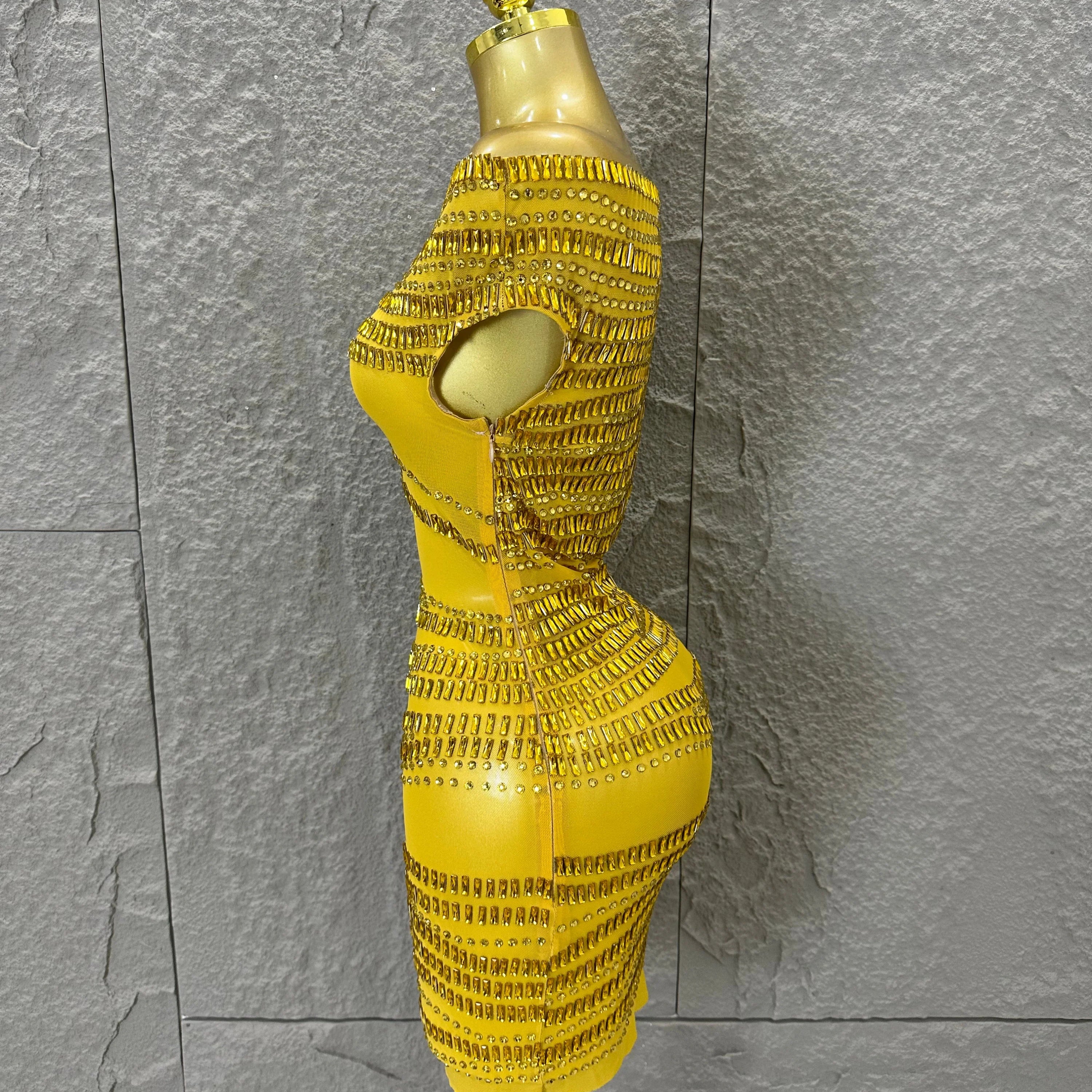Luxury Gold Off-Shoulder Mini Dress Women Sexy Sheer Mesh Full Gold Crystal Embellished Form-Fitting Outfit Formal Event Party