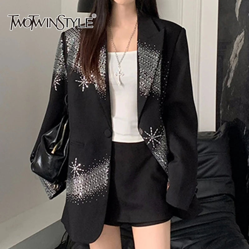 Solid Loose Spliced Hot Fix Elegant Jackets for Women Lapel Long Sleeves Patchwork Button Jacket Female Fashion New