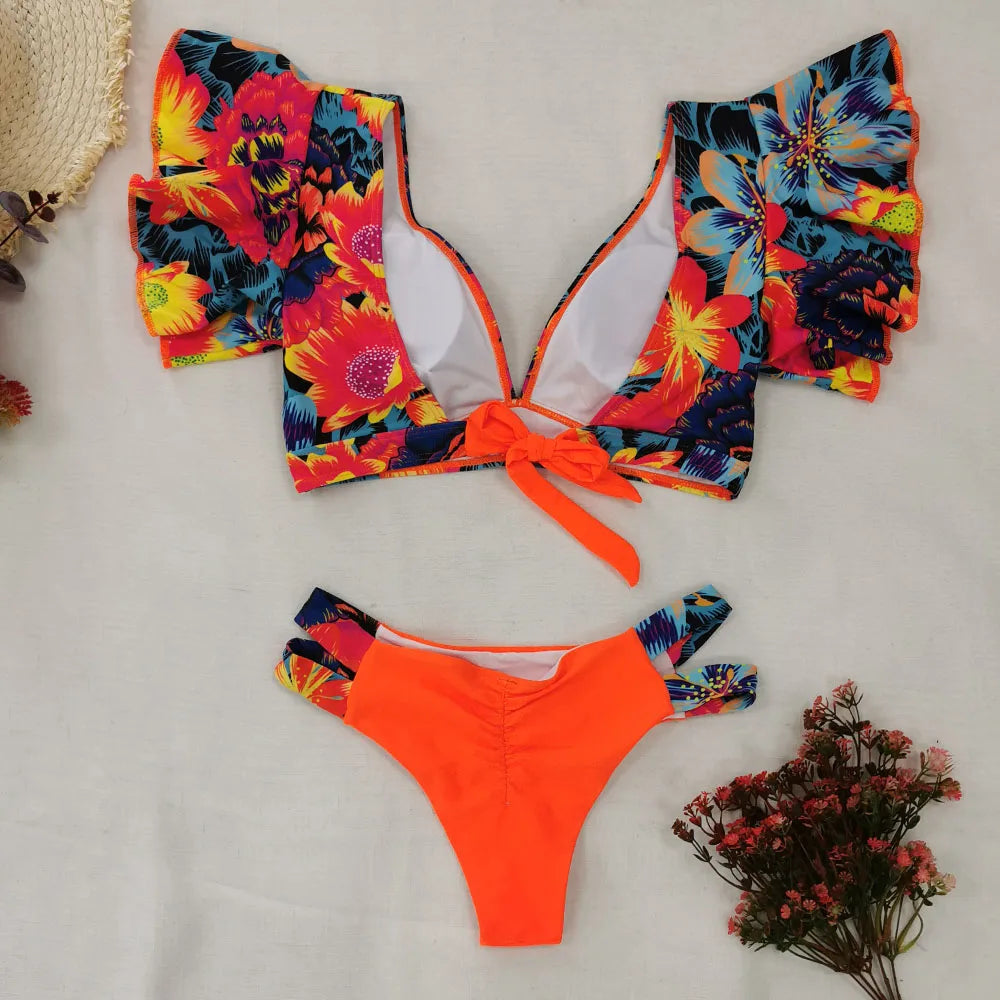 New Ruffled Sexy Bikini Set Women Floral Beachwear V-Neck Bathing Suit High Waist Biquini Swimwear Female 2 Piece Swimsuits