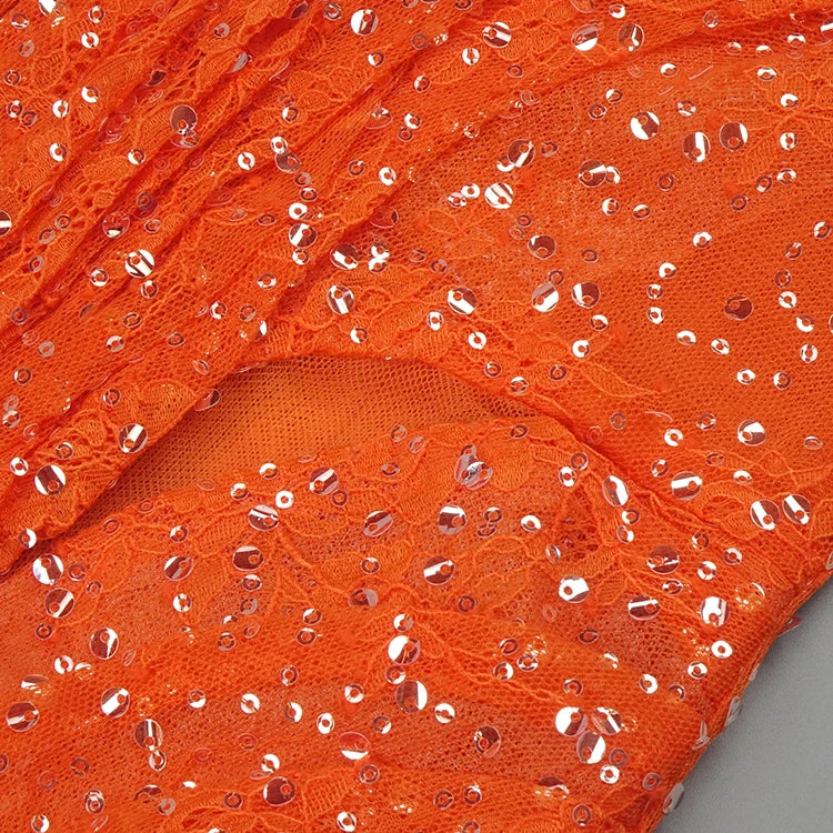 Orange Sequins Halter Long Dress For Women Backless Structured Flower Details Maxi Elegant Evening Party Gown Vestido