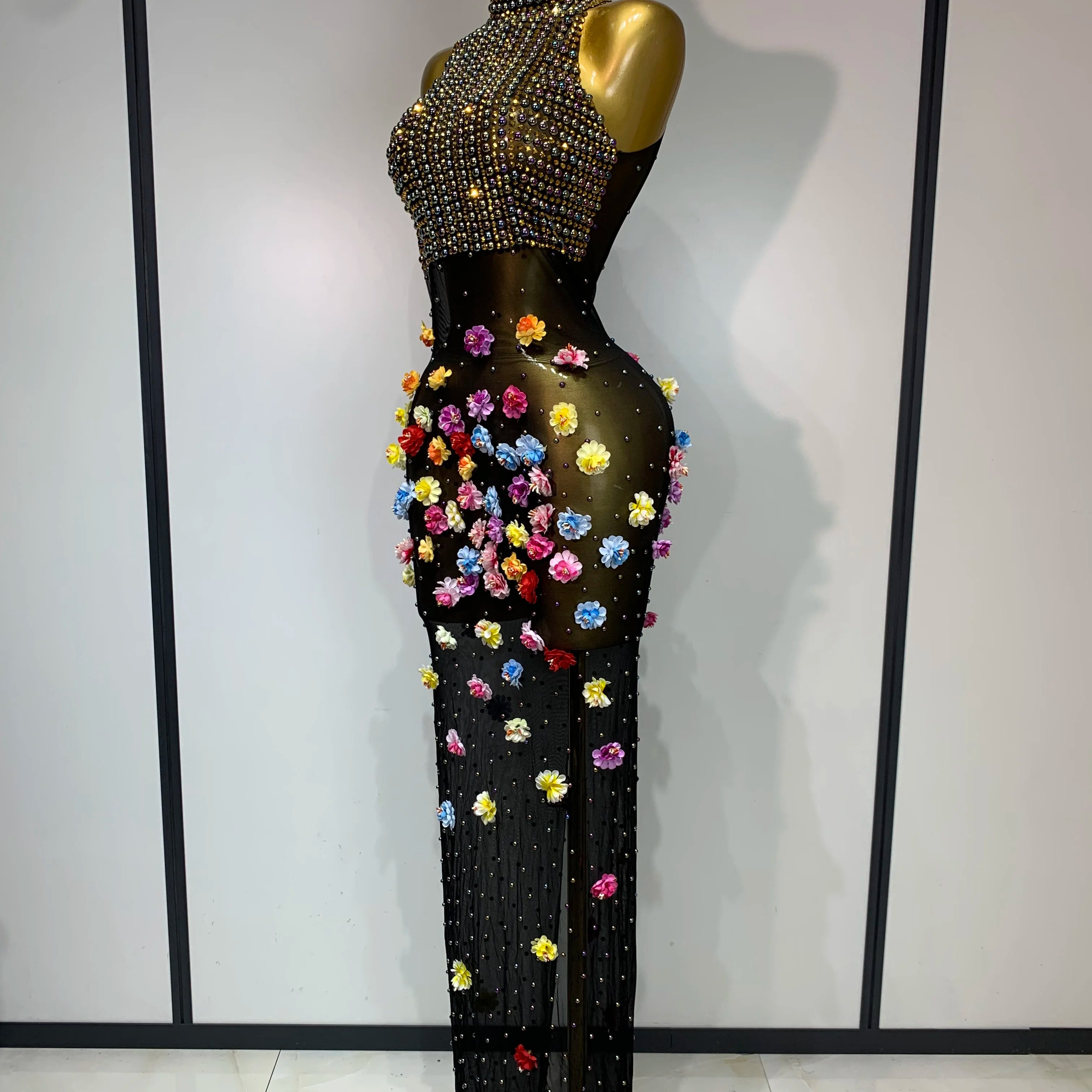Luxury Rhinestones Flowers Sexy See Through Long Dress 2025 Elegant Evening Party Birthday Wedding Guest Dress Club Stage Outfit