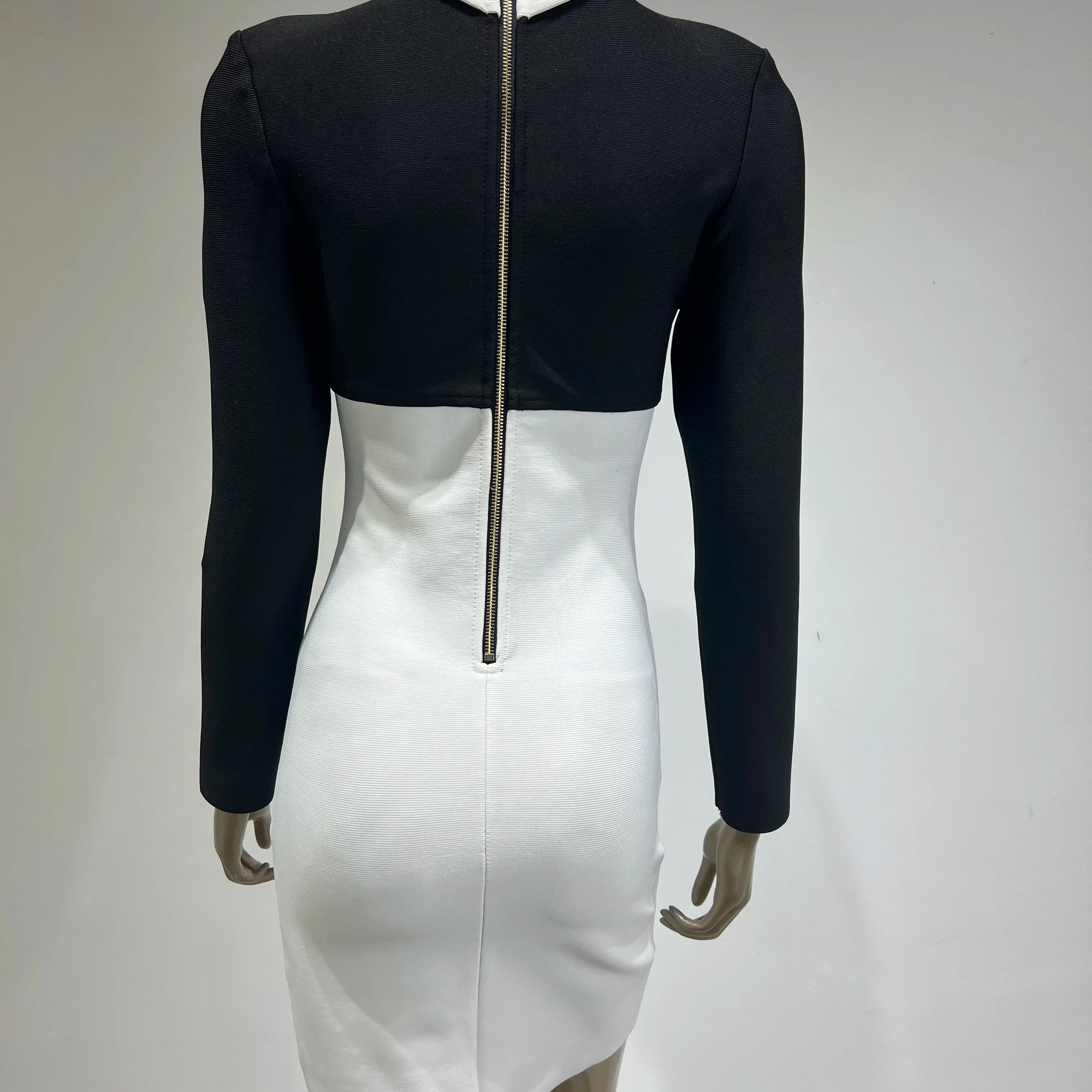 Women Celebrity Sexy Long Sleeve Patchwork Black White Button Mini Bodycon Bandage Dress Elegant Evening Club Party Dress