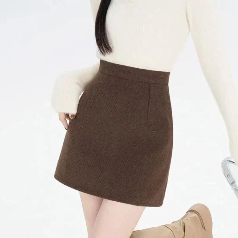 Vintage Fashion Autumn Winter New Woolen Women Solid Zipper Korean Temperamen Chic High Waist Short Slim A-line Hip Wrap Skirt