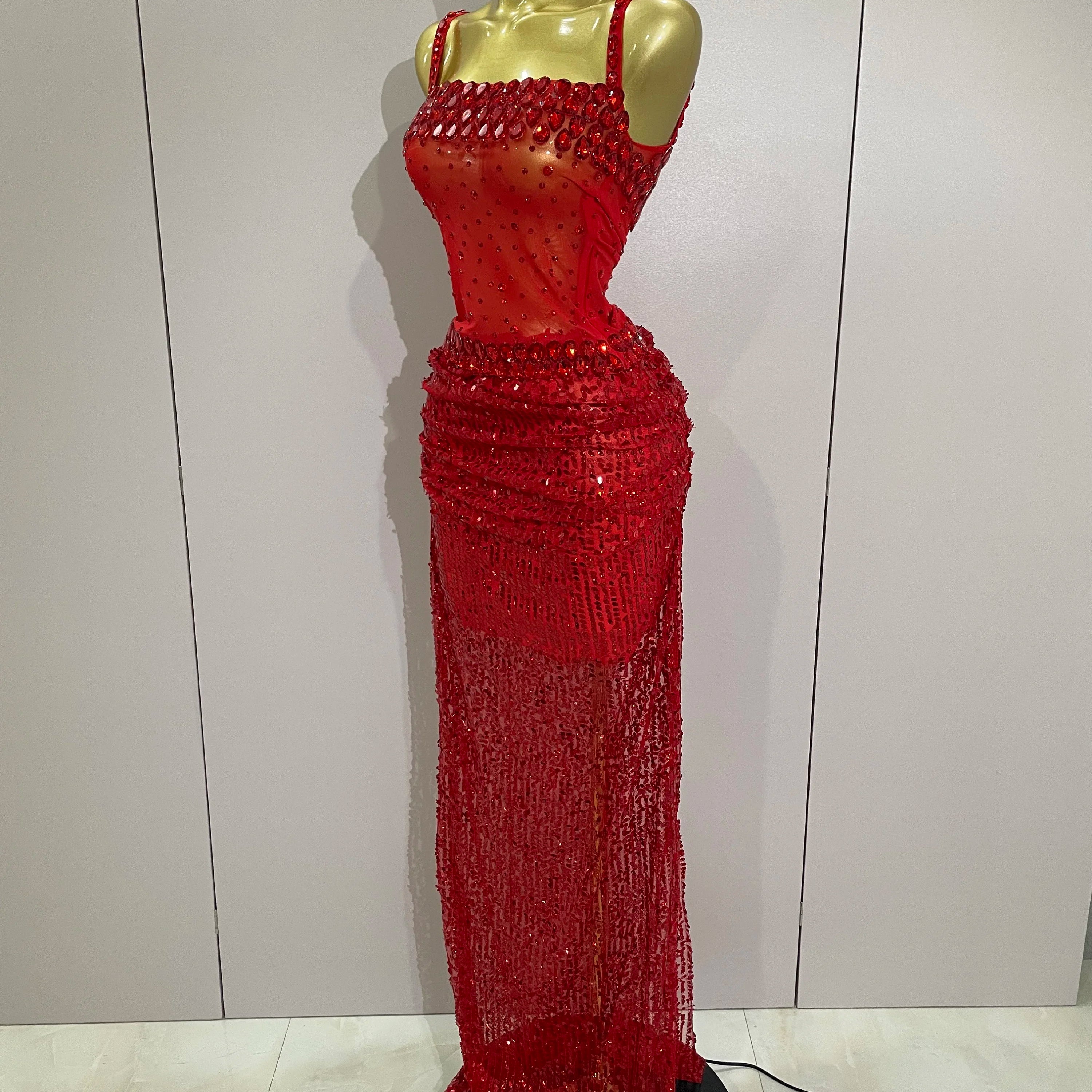 Sparkly Red Rhinestones Sequins Sexy See Through 2PCS Long Dress 2025Women Celebrate Evening Birthday Party Dress Stage Costumes