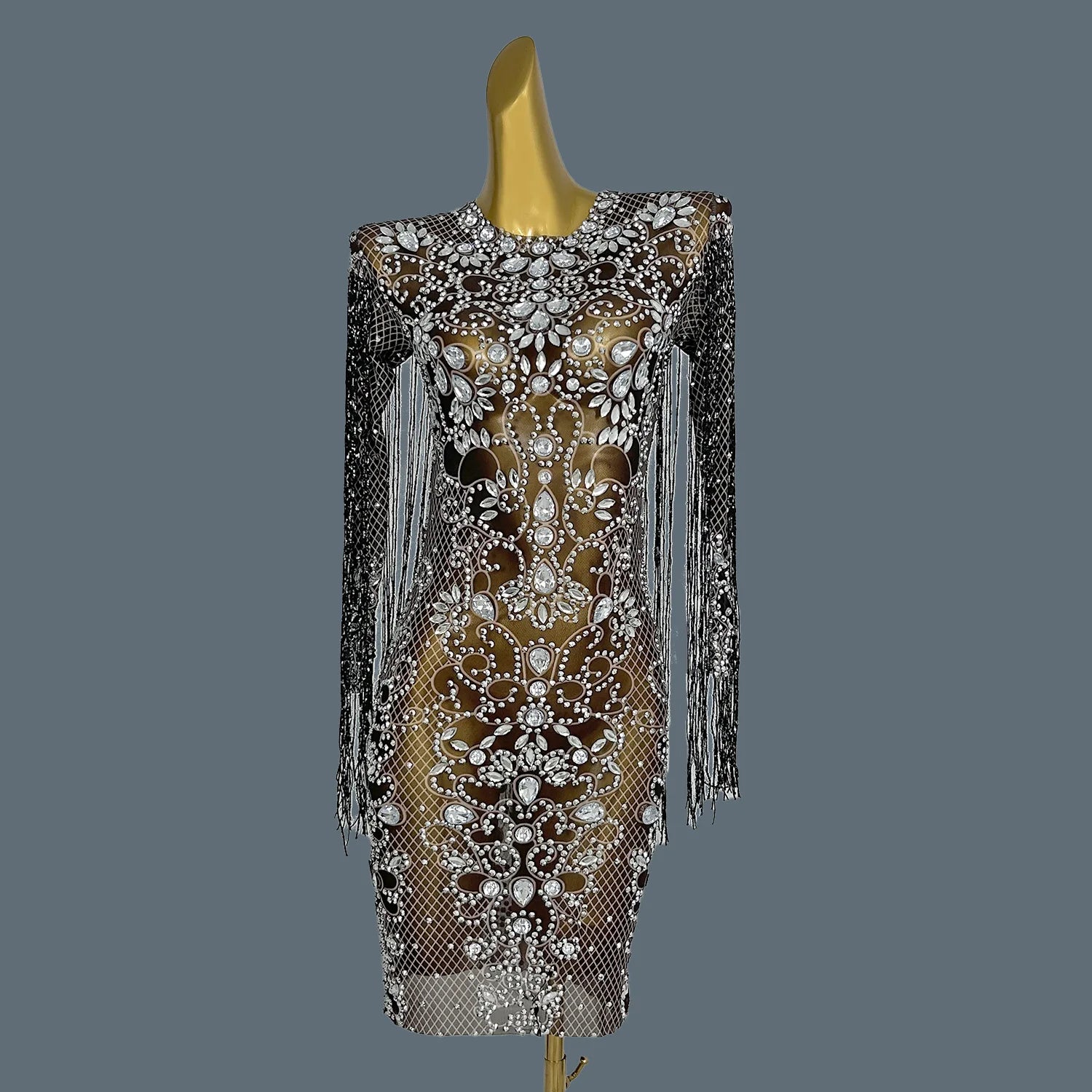 Women Shiny Chain Crystal Diamonds Dress Tassel Elastic Sexy Mini Night Club Performance Costume Birthday Party Dress Hualan black One Size