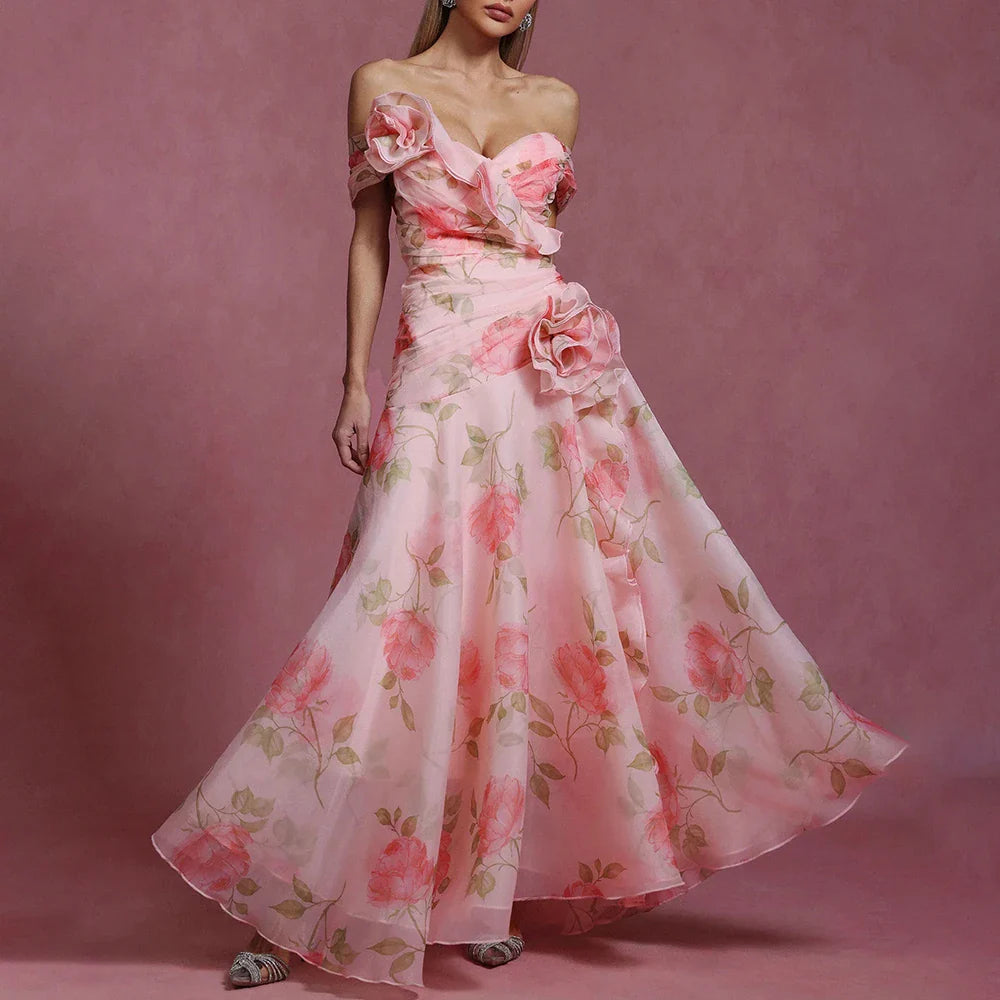 Printing Spliced 3D Flower Elegant Dresses for Women Slash Neck Off Shoulder Patchwork Fungus Folds Dress Female PRINT