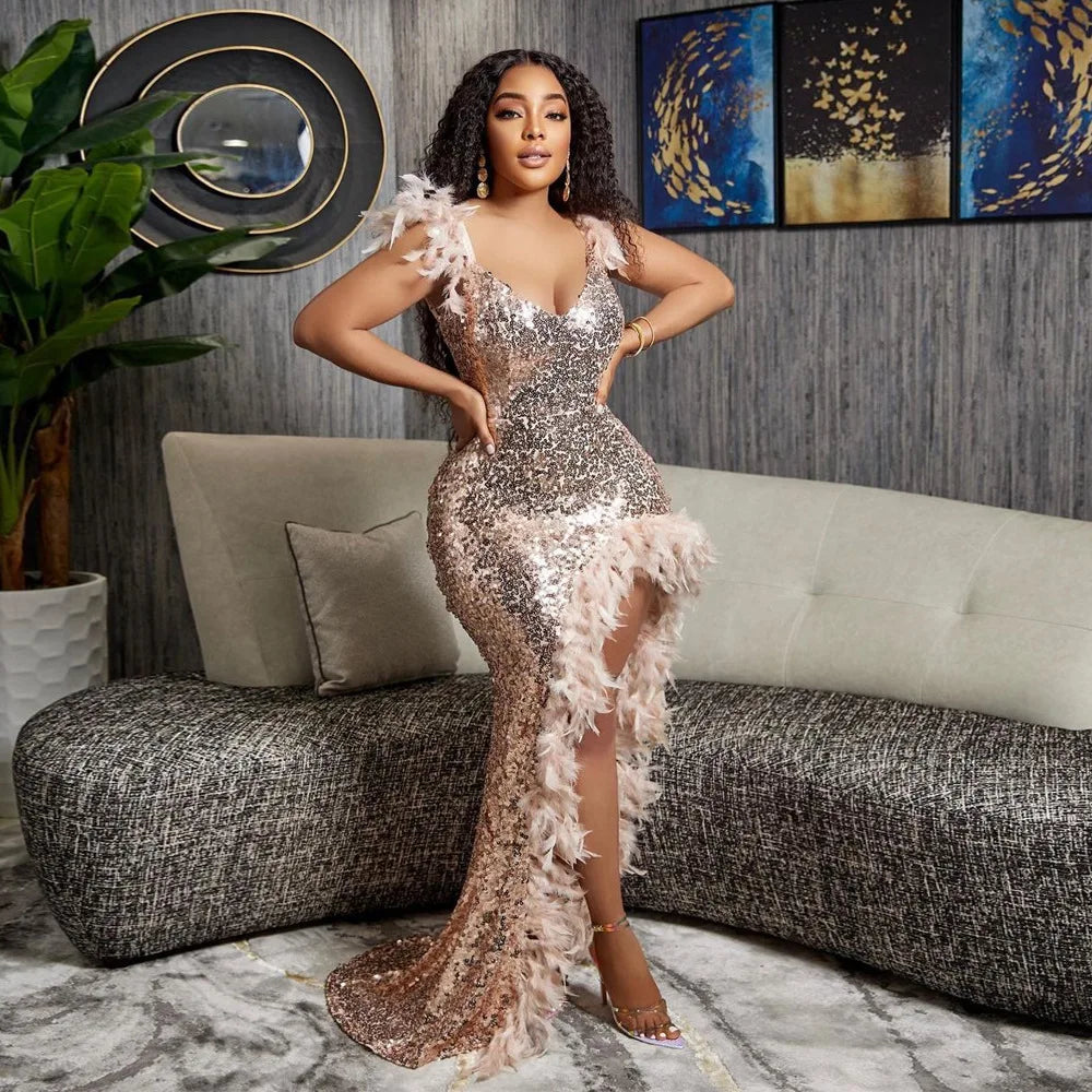 Women Sequined Spaghetti Strap Feather Hem High Side Slit Mermaid Trumpet Bodycon Midi Evening Sexy Party Maxi Dresses APRICOT
