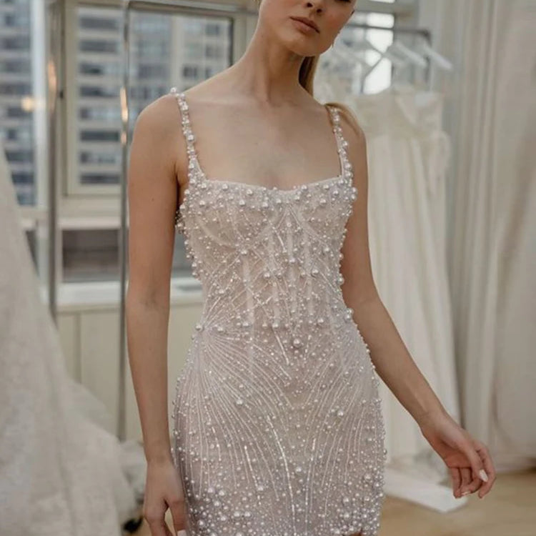 Stunning Beige Sleeveless Pearl Short Wedding Mini Dress Party Evening Gown