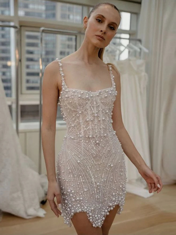 Stunning Beige Sleeveless Pearl Short Wedding Mini Dress Party Evening Gown