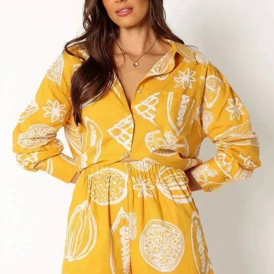 Foridol Fruit Printed Pockets Casual Shirt+shorts Set Outfits Matching Set Summer Women Spring Beach Oversize White Set Yellow