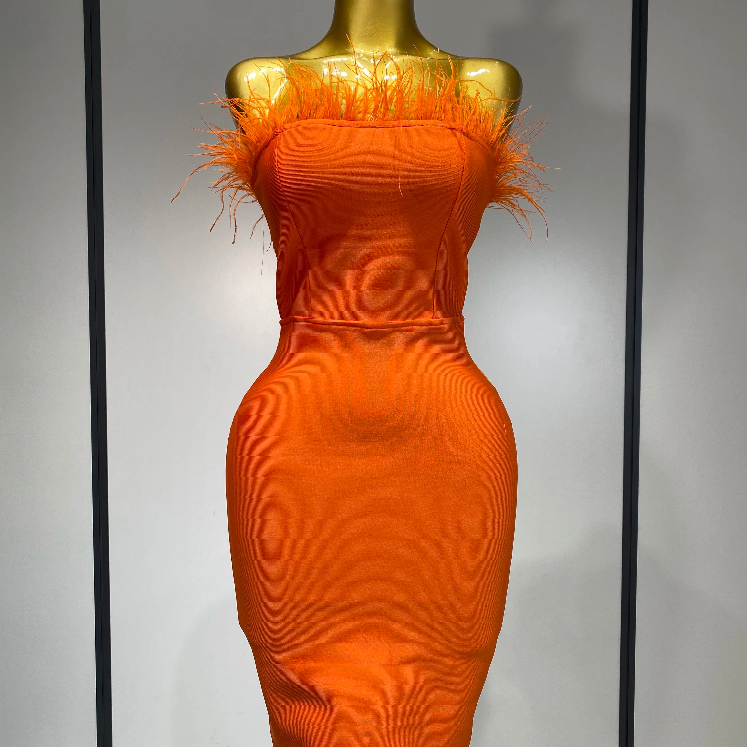 Women Sexy Backless Yellow Bodycon Bandage Dress Strapless Celebirty Elegant Feather Dresses Luxury Birthday Club Party Outfit Orange