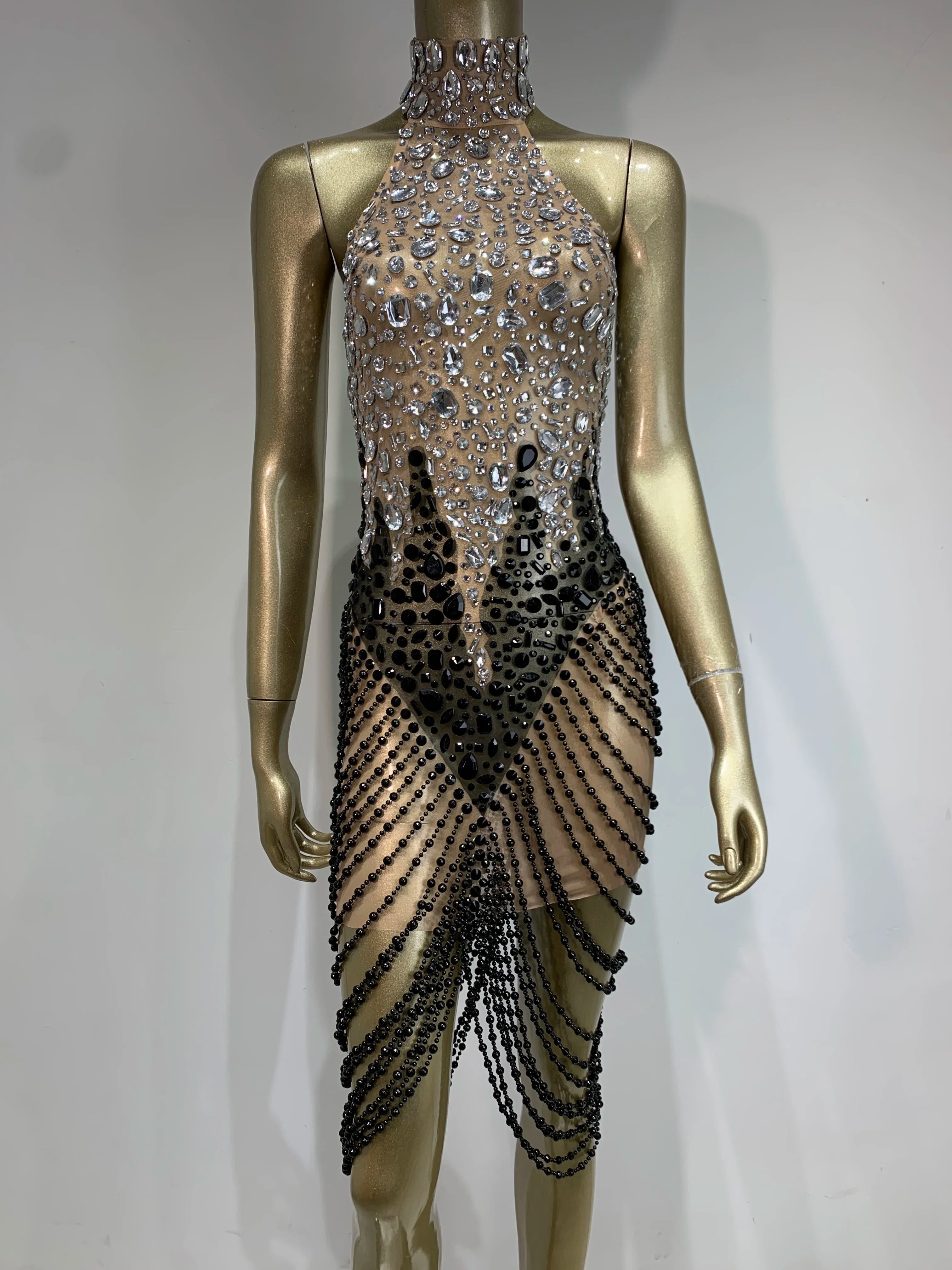 Women Sexy Backless Halter Crystal Diamonds Patchwork Mini Dress Birthday Party Costume Bar Nightclub Stage Performance Dress black