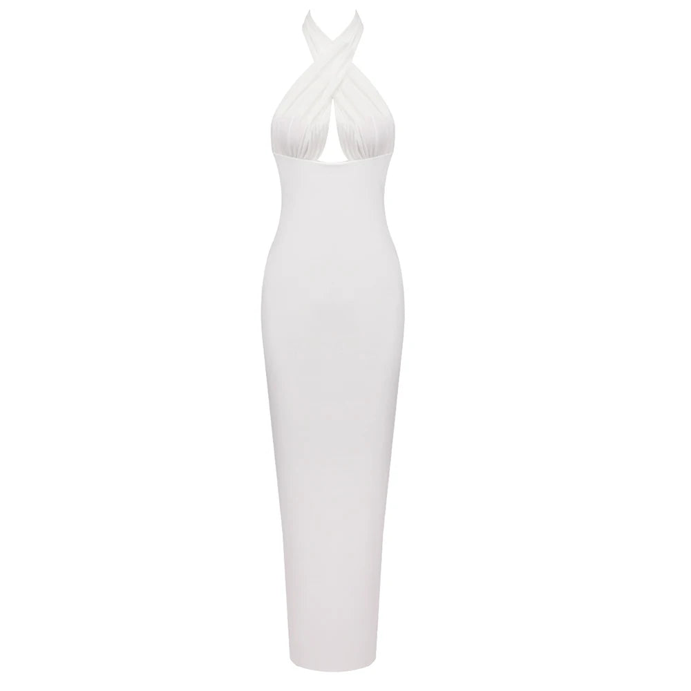 Long Ribbon Sexy V-Neck Sleeveless Halter White Mini Ankle length Woman Birthday Party Dress Celebrity Evening Party Outfit WHITE