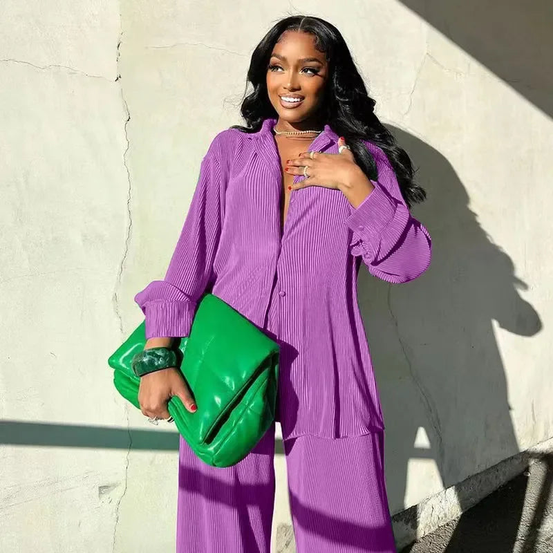 Pleated Solid Women Set Long Sleeve Shirts and Straight Wide Leg Pants Suits Tracksuit Two Piece Set Fitness Outfits Light Purple
