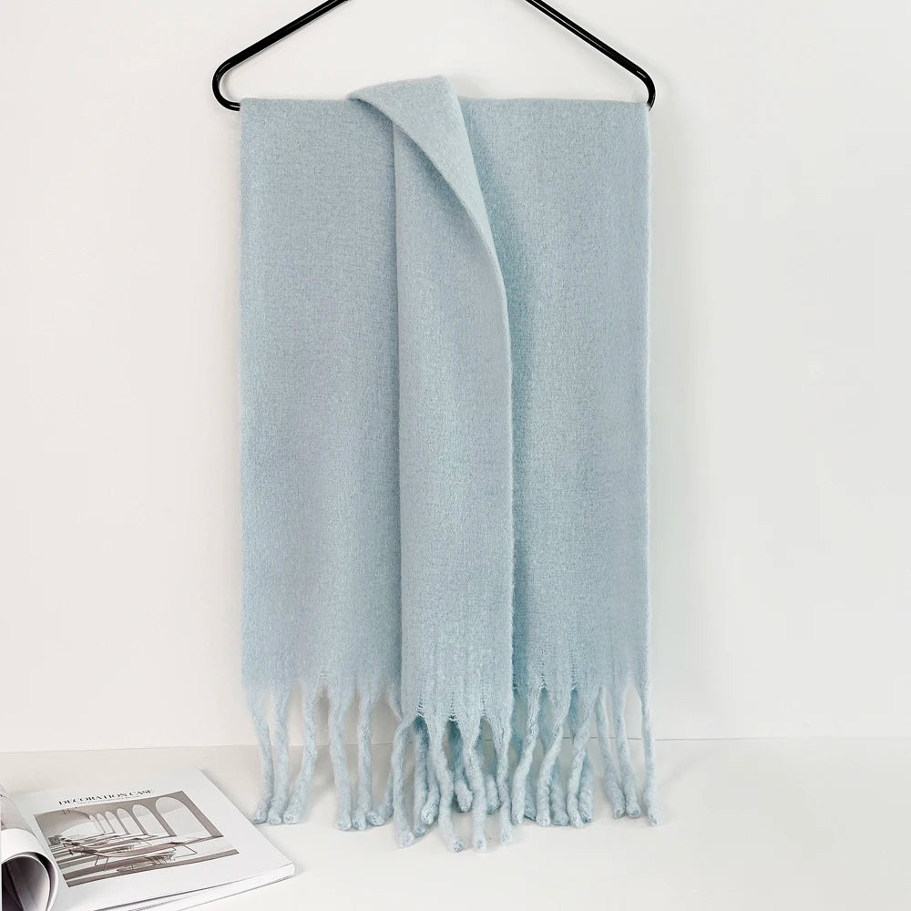 Winter Warm Scarf Women Girl Fashion Solid Color Shawl Stole Faux Cashmere Bandana for Lady 210*40cm Light Blue