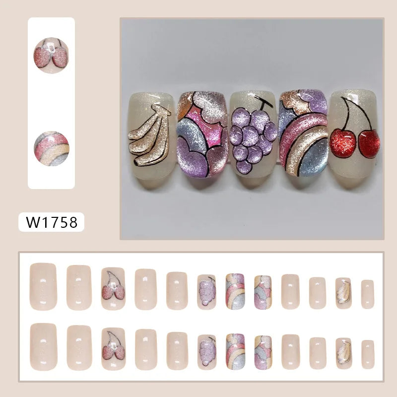 24pcs Shiny Green Cat Eye False Nails Cute Seal Print Fake Nails Tips Wearable Reusable Glossy Short Round Press on Nails 12