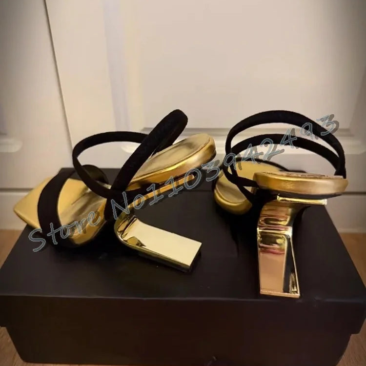 Metallic Golden Heels Strappy Fretwork Heel Square Toe Heeled Sandals Summer Solid Strange Style Shoes One Strap Shoe Size 41