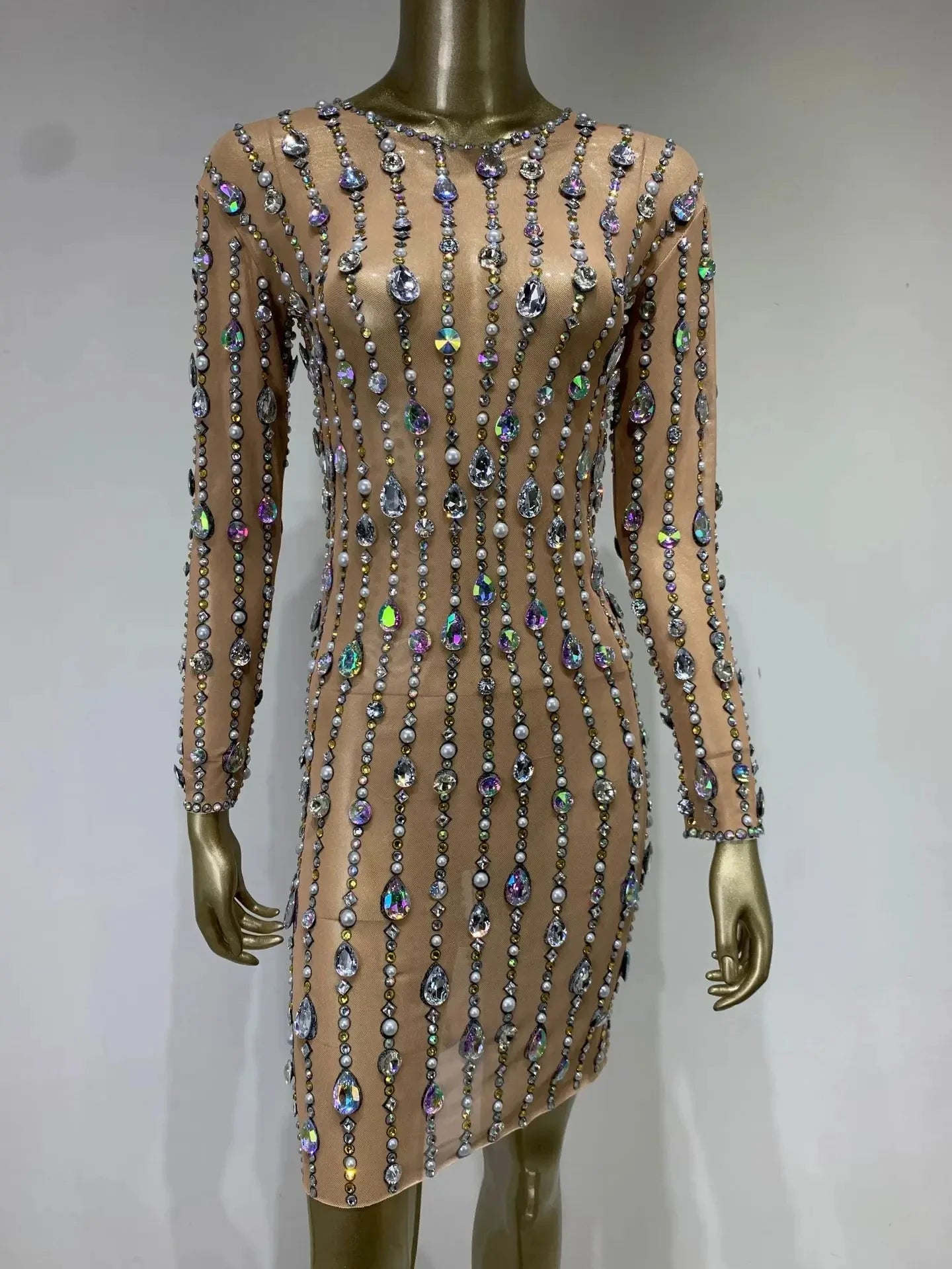 Stock Women Luxury Sexy Mesh Crystal Diamonds Beading Mini Dress Birthday Party Costume Bar Nightclub Stage Performance Clothing