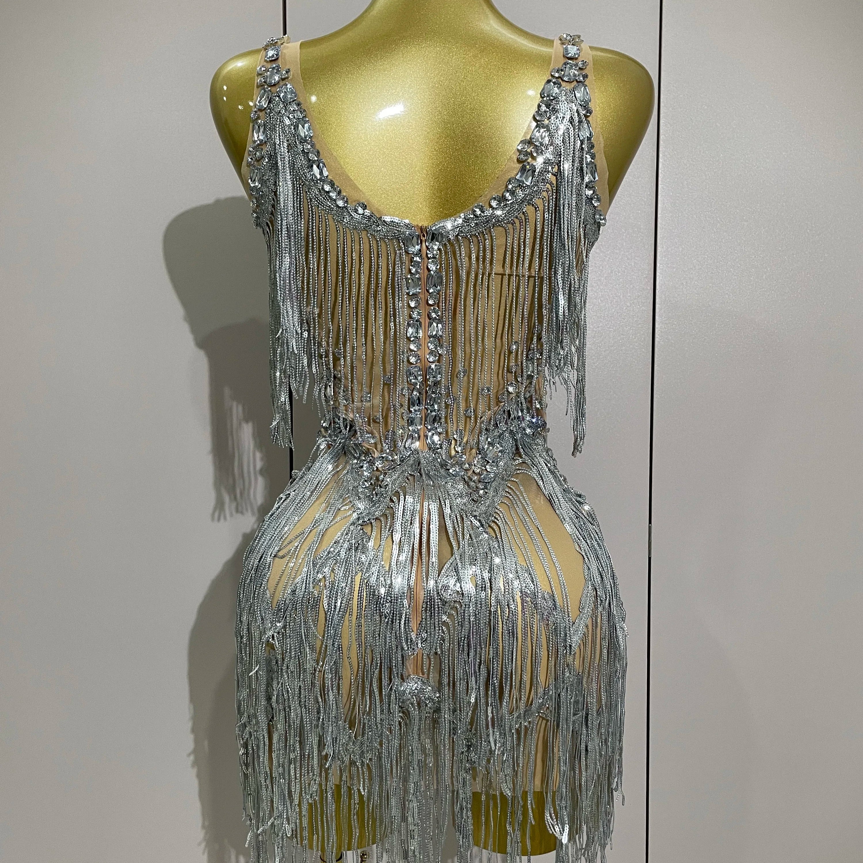 Sparkly Rhinestone Tassels Sexy Mesh Mini Dress 2025 Women Evening Birthday Party Dresses Nightclub Performance Stage Costume