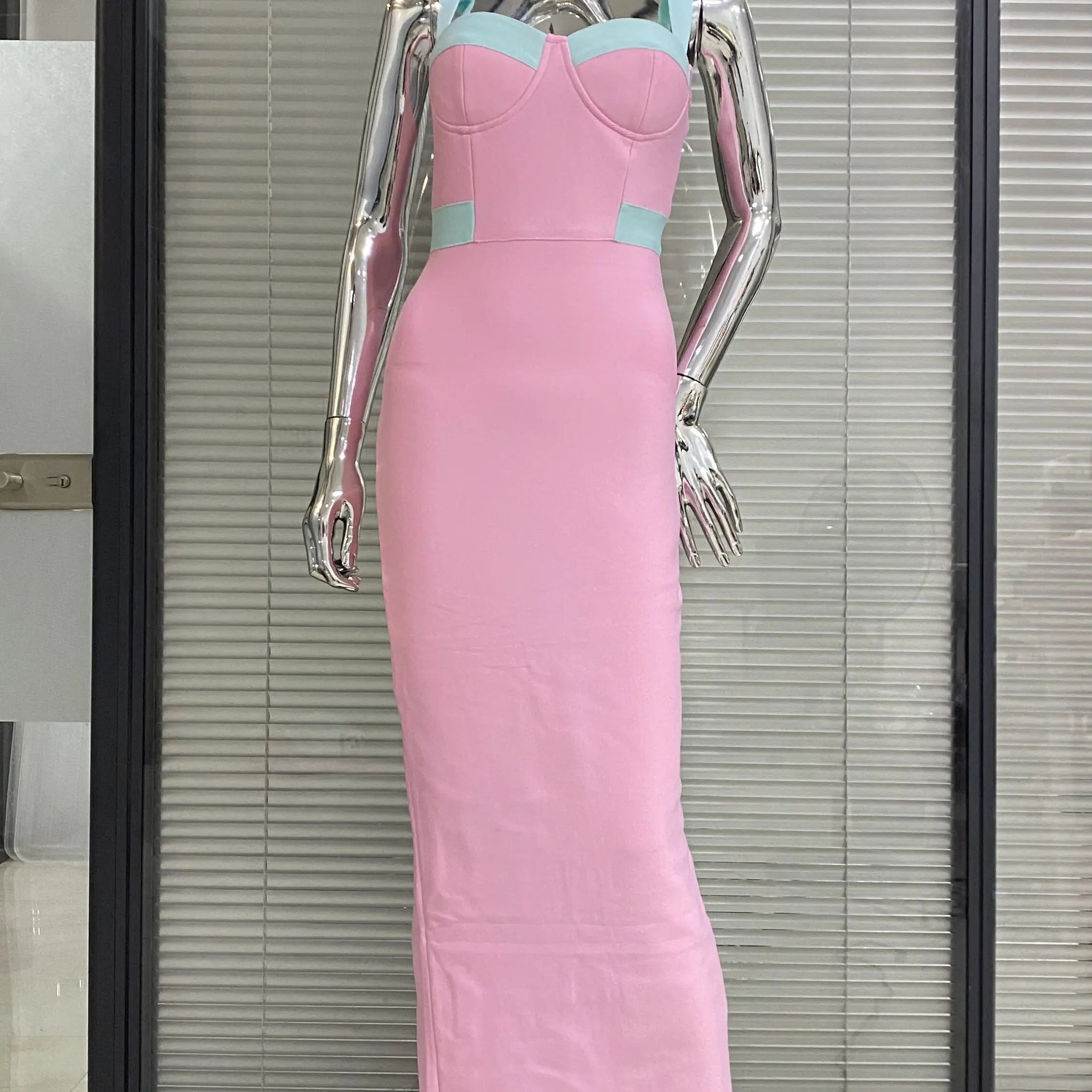 Pink Color Sleeveless Spaghetti Strap Long Bandage Dress Graceful Woman Evening Party Dress Dinner Party Vestido Pink