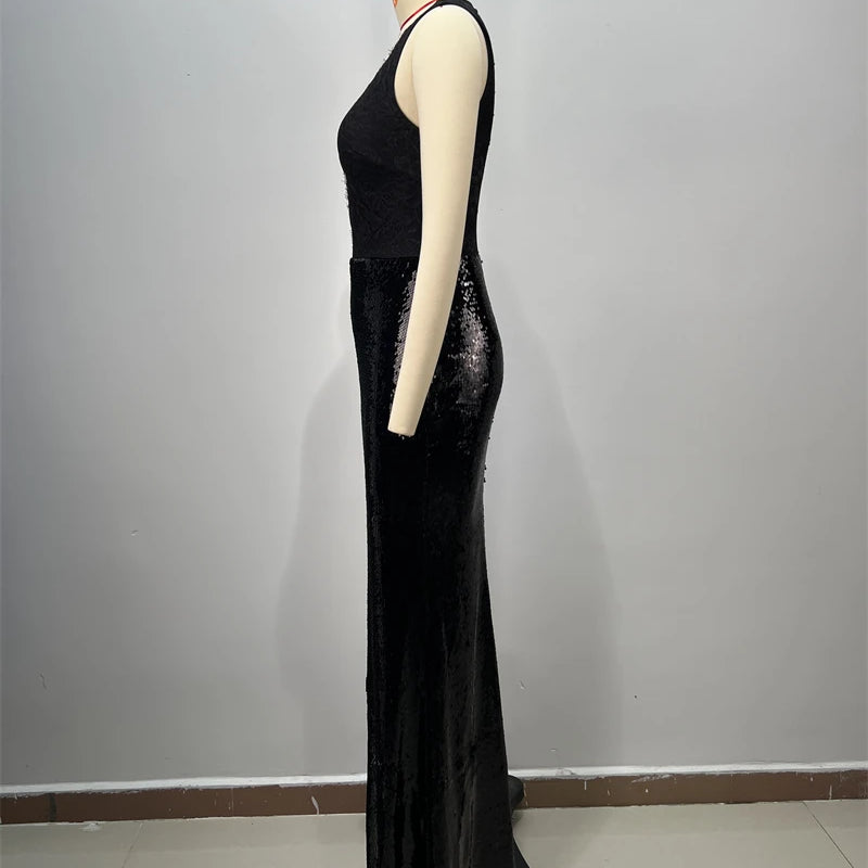 2025 Black Lace Patchwork Sequins Sexy V-Neck Mermaid Floor Length Dress Fashion Woman Party Dress Celebrity banquet Outfit