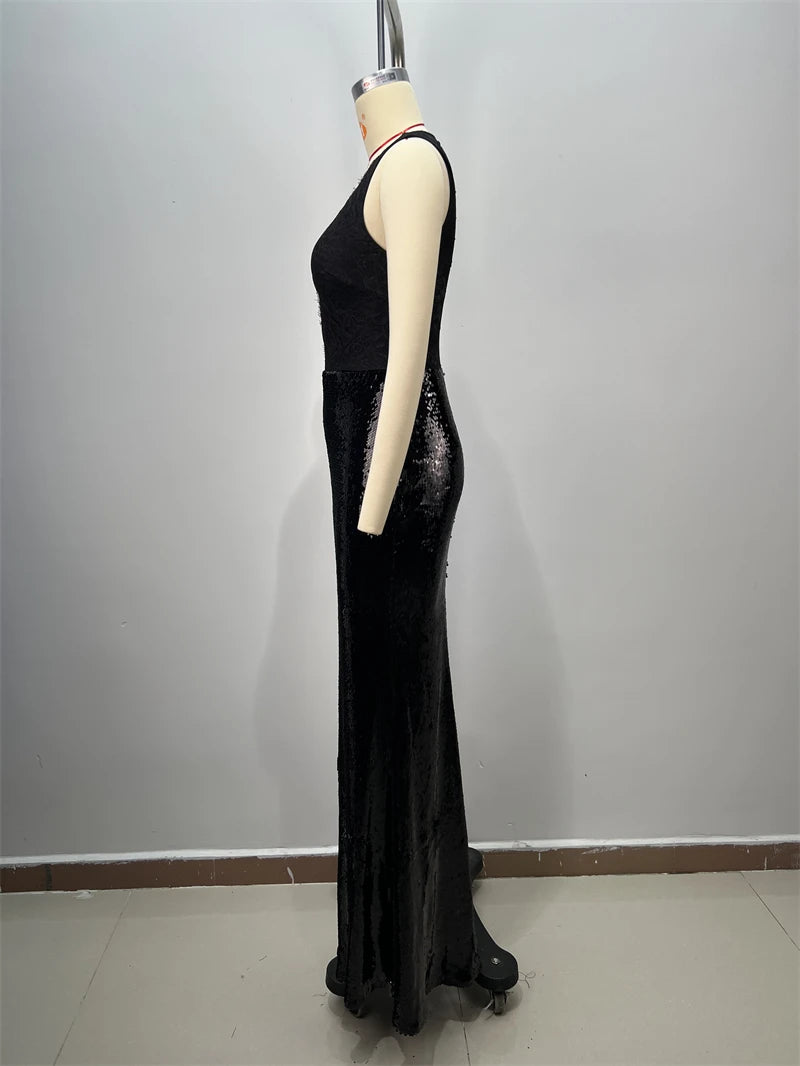 2025 Black Lace Patchwork Sequins Sexy V-Neck Mermaid Floor Length Dress Fashion Woman Party Dress Celebrity banquet Outfit