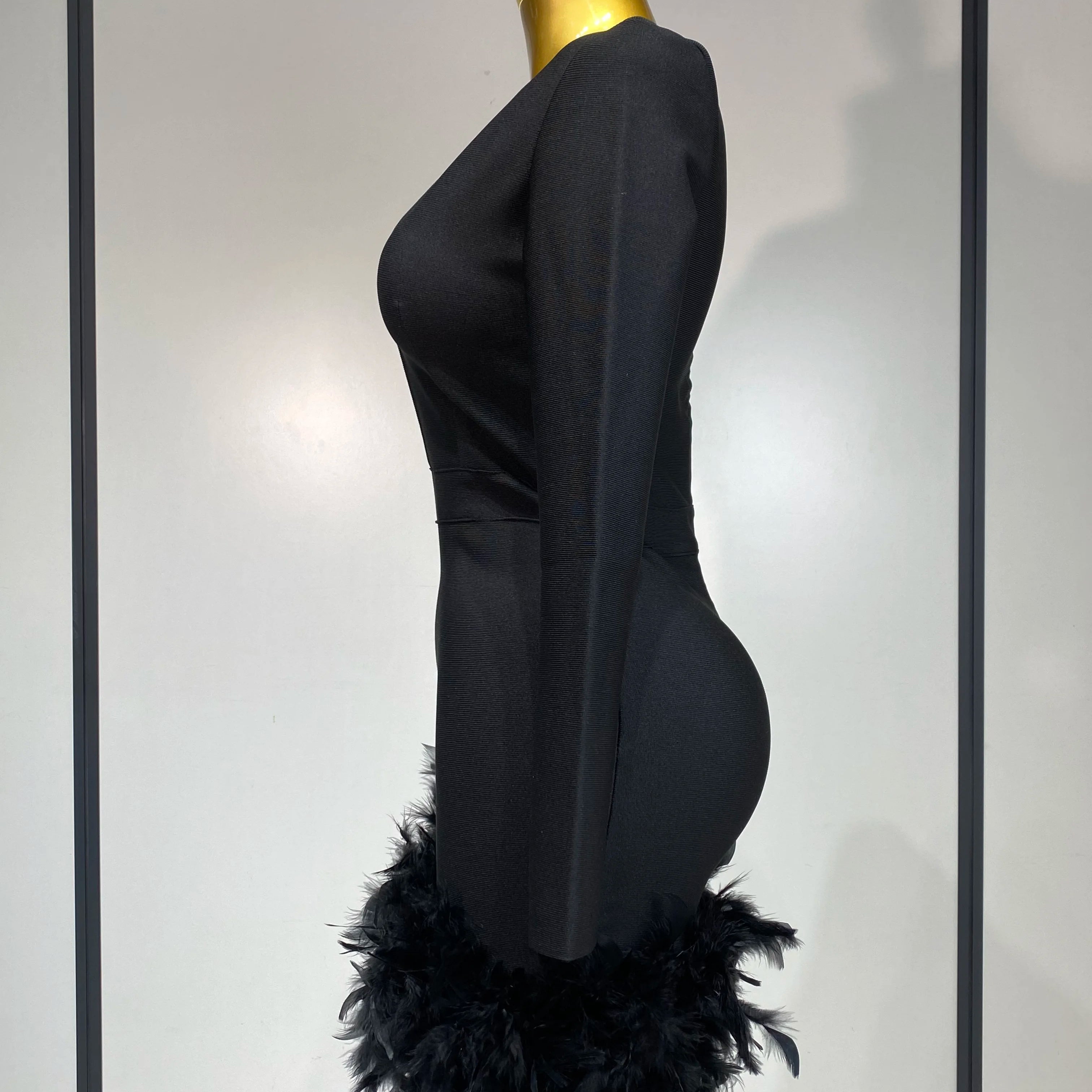 Women Fashion Sexy V Neck Long Sleeve Black Feather Mini Bodycon Bandage Dress Elegant Evening Club Birthday Party Dress