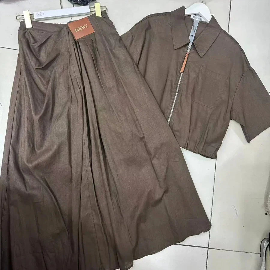 Solid Causal Two Piece Sets for Women Lapel Short Sleeves Spliced Zipper Top High Waist Skirt Set Female Fashion COFFEE