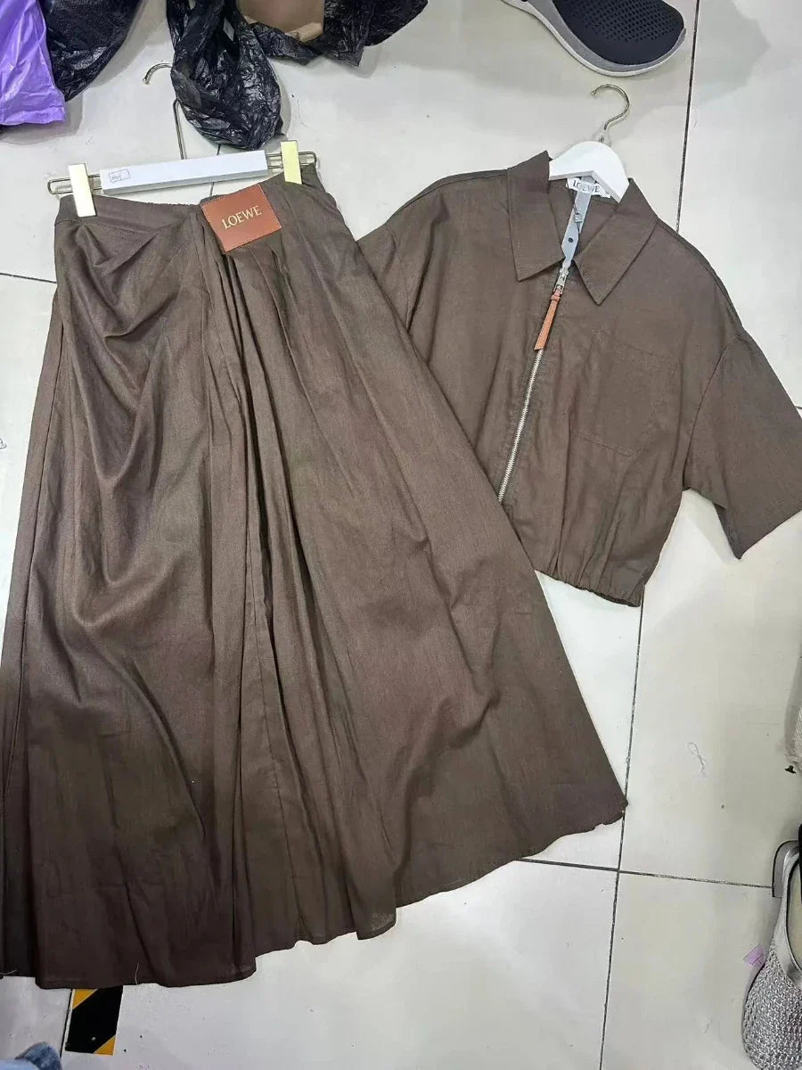 Solid Causal Two Piece Sets for Women Lapel Short Sleeves Spliced Zipper Top High Waist Skirt Set Female Fashion COFFEE