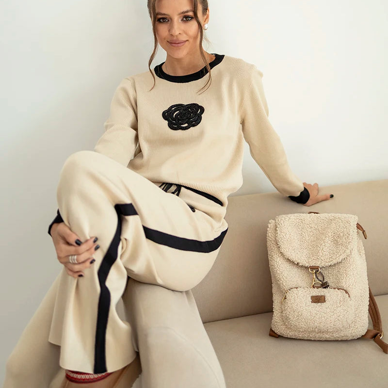 Two Piece Set Women Outfit Winter Outfit Embroidery Sweater Matching Sets Knit Tracksuit Casual Wear Set For Women