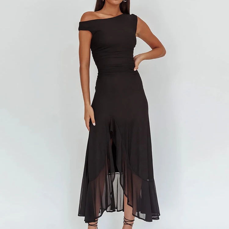 Sleeveless Ruffled Split Maxi Dress For Women Gown Mesh O Neck Oblique Shoulder Backless High Waist Slim Fit Club Dress black