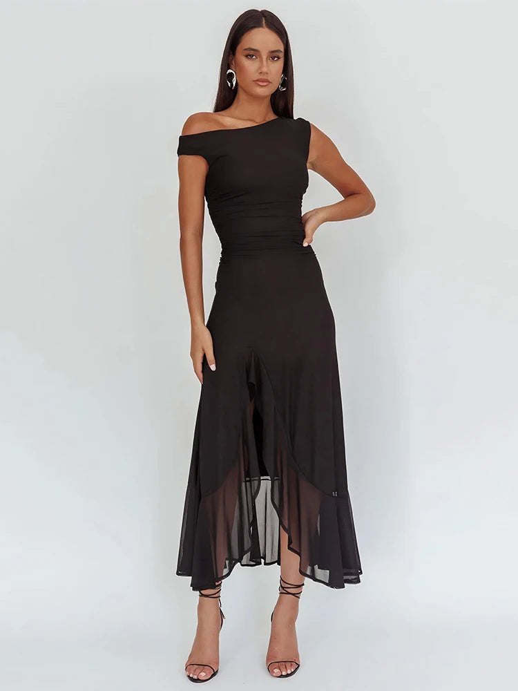 Sleeveless Ruffled Split Maxi Dress For Women Gown Mesh O Neck Oblique Shoulder Backless High Waist Slim Fit Club Dress black