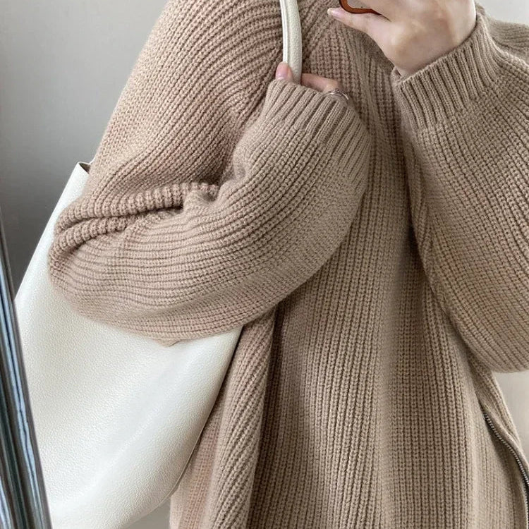 Women's Turtleneck Zipper Oversize Fashion Women Sweaters Autumn Knitwears Loose Thick Warm High Neck Solid Pullovers Women Khaki