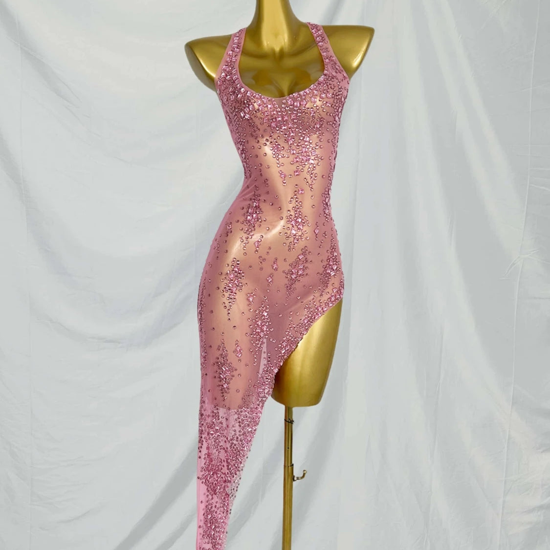 Nightclub Mini Dress Singer Stage Performance Wear Bar Party Asymmetrical Dress Sparkly Rhinestones Sleeveless Mesh Dress Xinghe Pink One Size