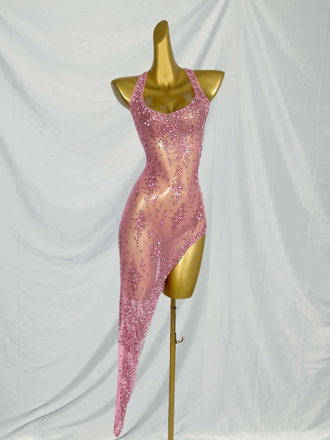 Nightclub Mini Dress Singer Stage Performance Wear Bar Party Asymmetrical Dress Sparkly Rhinestones Sleeveless Mesh Dress Xinghe Pink One Size