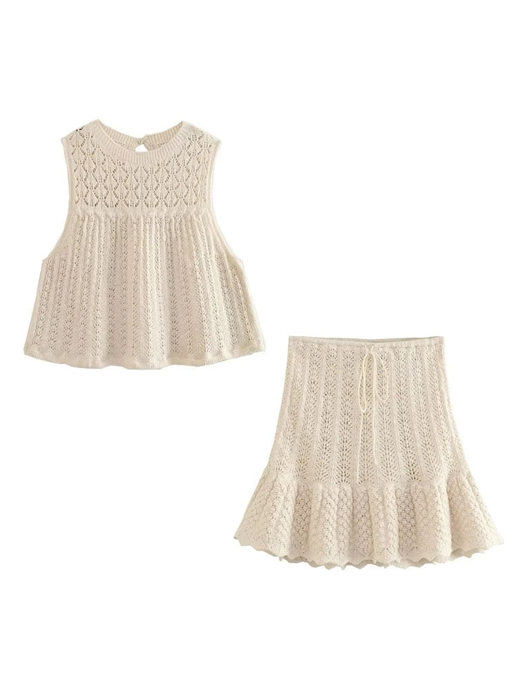 TRAF Y2K Hollow Out Knitted Women Summer 2 Piece Sets 2024 Thin Sleeveless Crop Top Female Ruffles Mini Skirt Suits