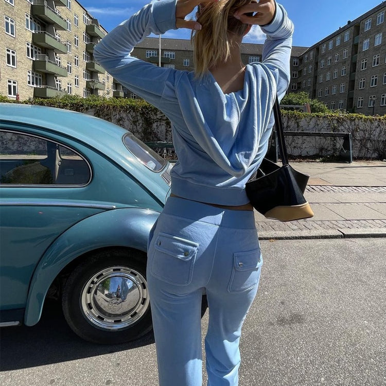 Women Autumn Winter Outfits Casual Zipper Sweater Hoodie Set High Waist Skinny Pants Suits Knitted Womens Y2k Two Piece Set light blue