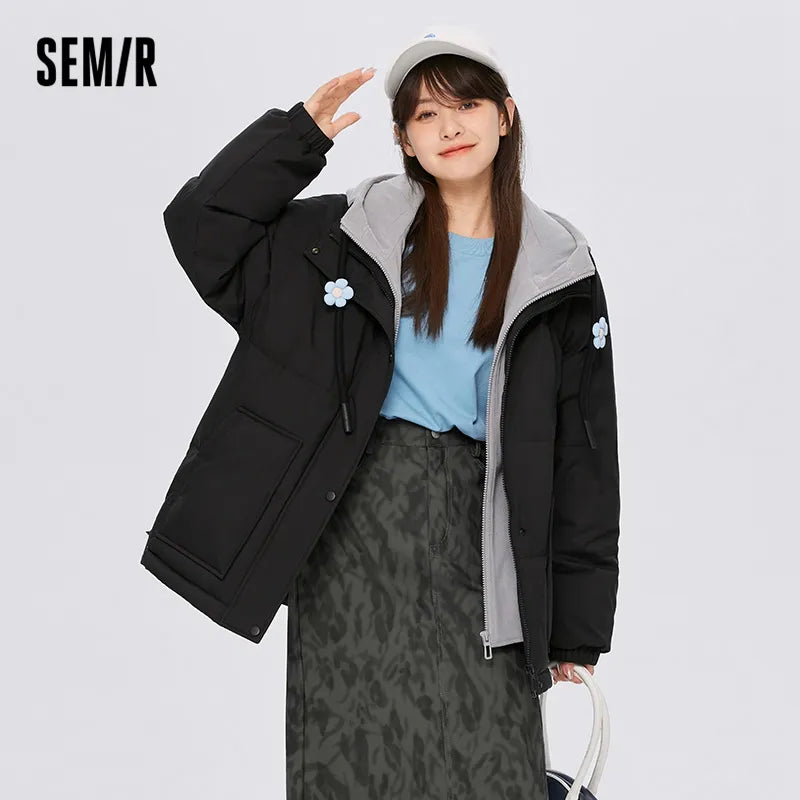 Semir Down Jacket Women Hooded Splicing Fake Two Winter New Oversize Flower Thick Coat Sweet