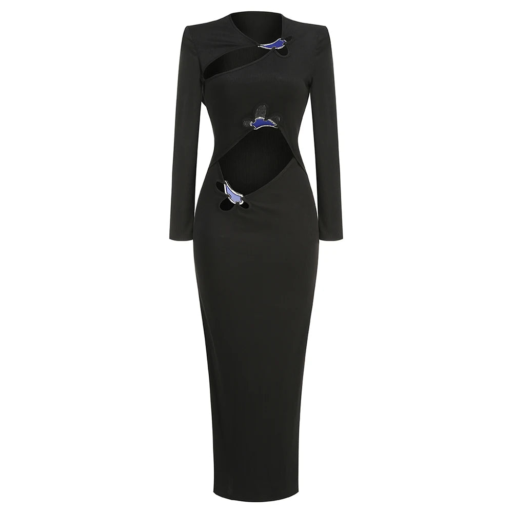 Black Color Women Long Sleeve Sexy Holes Bodycon Long Dress Fashion Celebrate Evening Party Red Carpet Dress Wholesale