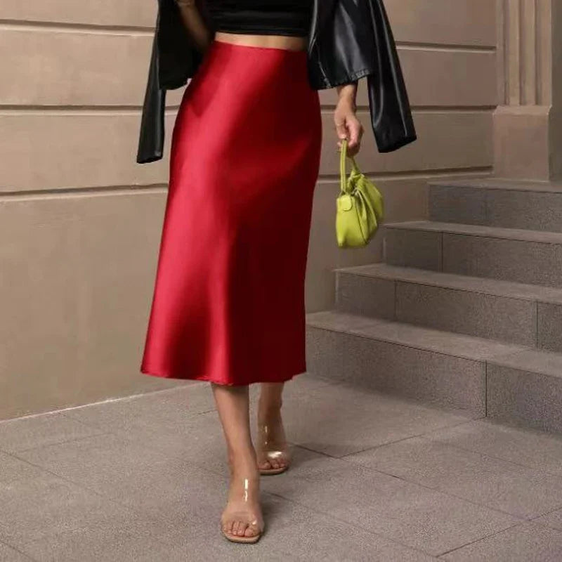 Women High Waisted Skirt Silk Satin Skirts A-Line Elegant Fashion Skirts Pink Midi Skirt New Korean Style Pencil Skort Skirt Red